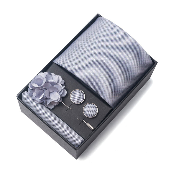Silver Tie, Pocket Square, Cufflinks, Buttonhole 4 Pieces Gift Set 銀色領帶口袋巾袖扣胸花4件套裝 KCBT2350
