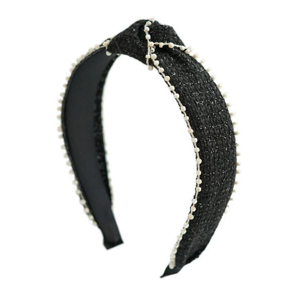 Black Beaded Fabric Knotted Headband 黑色釘珠布藝打結頭箍 HA20097a