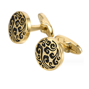 Golden Black Moire Round Cufflinks 金色黑雲紋圓形袖扣 KC20388