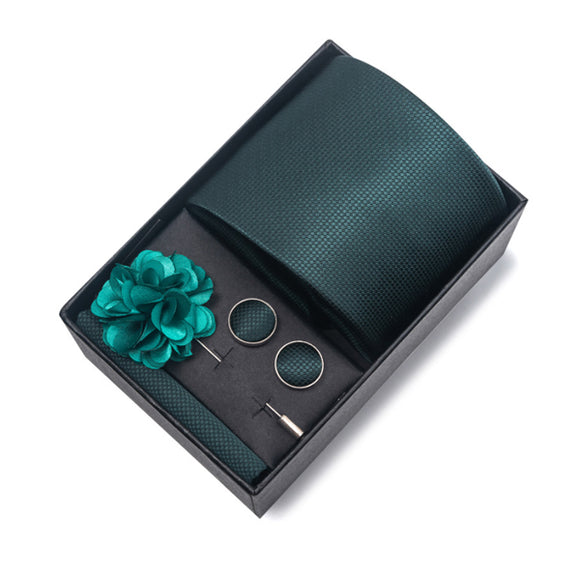 Green Tie, Pocket Square, Cufflinks, Buttonhole 4 Pieces Gift Set 綠色領帶口袋巾袖扣胸花4件套裝 KCBT2349