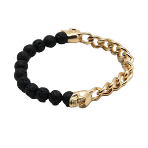 Lava Stone Beaded Gold Skull Bracelet (Circumference 21cm) 火山石串珠金色骷髏頭手鍊 (鍊長 21cm) (KJBR16258)