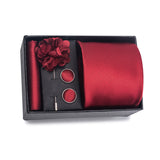 Red Tie, Pocket Square, Cufflinks, Buttonhole 4 Pieces Gift Set 紅色領帶口袋巾袖扣胸花4件套裝 KCBT2353