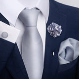 Silver Tie, Pocket Square, Cufflinks, Buttonhole 4 Pieces Gift Set 銀色領帶口袋巾袖扣胸花4件套裝 KCBT2350