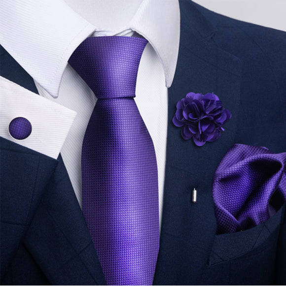 Purple Tie, Pocket Square, Cufflinks, Buttonhole 4 Pieces Gift Set 紫色領帶口袋巾袖扣胸花4件套裝 KCBT2343