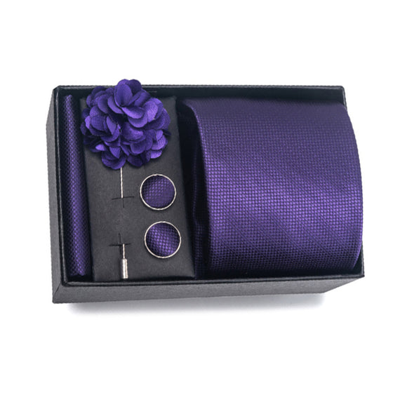 Purple Tie, Pocket Square, Cufflinks, Buttonhole 4 Pieces Gift Set 紫色領帶口袋巾袖扣胸花4件套裝 KCBT2343