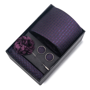 Purple Tie, Pocket Square, Cufflinks, Buttonhole 4 Pieces Gift Set 紫色領帶口袋巾袖扣胸花4件套裝 KCBT2344