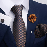 Brown Tie, Pocket Square, Cufflinks, Buttonhole 4 Pieces Gift Set 棕色領帶口袋巾袖扣胸花4件套裝 KCBT2346