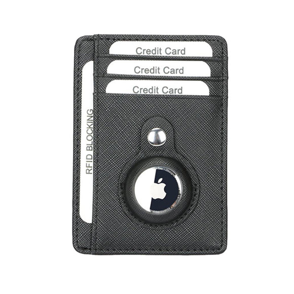Black Grained Leather RFID Card Holder with AirTag Holder 黑色真牛皮RFID安全防盜信用卡套AirTag追踪器位 CH19047