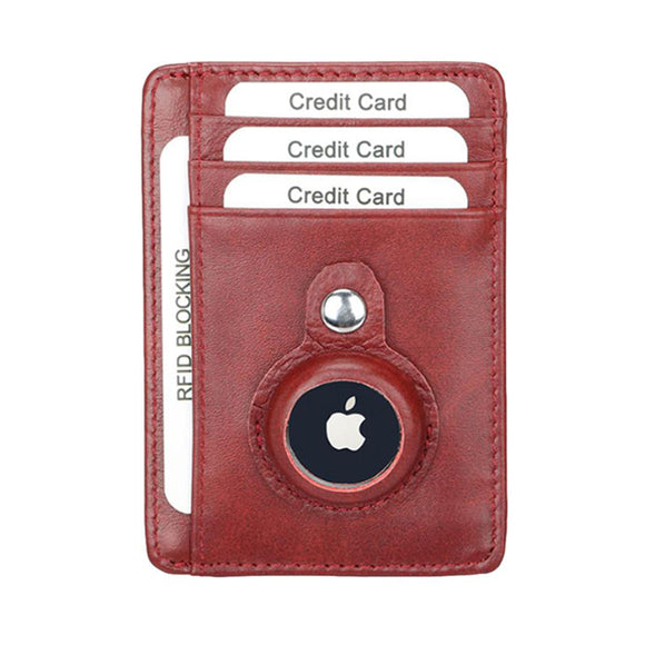 Red Grained Leather RFID Card Holder with AirTag Holder 紅色真牛皮RFID安全防盜信用卡套AirTag追踪器位 CH19049