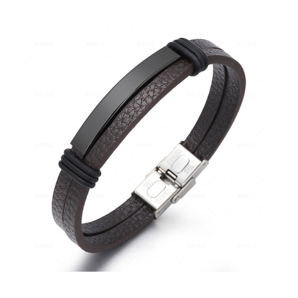 Brown Punk Titanium Leather Bracelet (Circumference 21cm) 棕色朋克風鈦鋼皮手鍊 (鍊長 21cm) KJBR16101