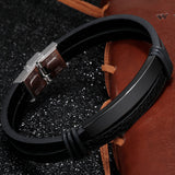 Black Punk Titanium Leather Bracelet (Circumference 21cm) 黑色朋克風鈦鋼皮手鍊 (鍊長 21cm) KJBR16103