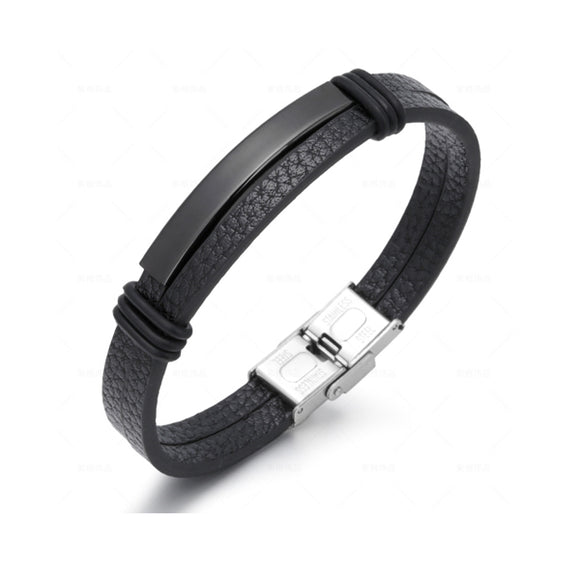 Black Punk Titanium Leather Bracelet (Circumference 21cm) 黑色朋克風鈦鋼皮手鍊 (鍊長 21cm) KJBR16103