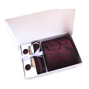 Red Tie, Pocket Square, Cufflinks, Tie Clip 4 Pieces Gift Set 紅色領帶口袋巾袖扣領帶夾4件套裝 KCBT2105