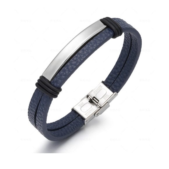 Blue Punk Titanium Leather Bracelet (Circumference 21cm) 藍色朋克風鈦鋼皮手鍊 (鍊長 21cm) KJBR16105