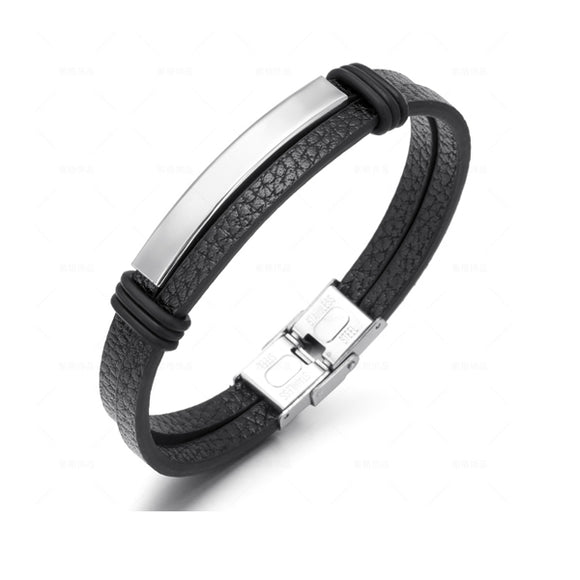 Black Punk Titanium Leather Bracelet (Circumference 21cm) 黑色朋克風鈦鋼皮手鍊 (鍊長 21cm) KJBR16106