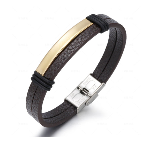 Brown Punk Titanium Leather Bracelet (Circumference 21cm) 棕色朋克風鈦鋼皮手鍊 (鍊長 21cm) KJBR16107