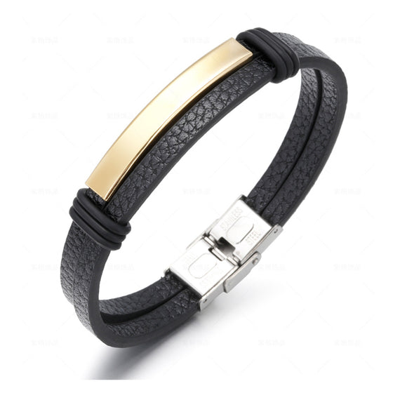 Black Punk Titanium Leather Bracelet (Circumference 21cm) 黑色朋克風鈦鋼皮手鍊 (鍊長 21cm) KJBR16109