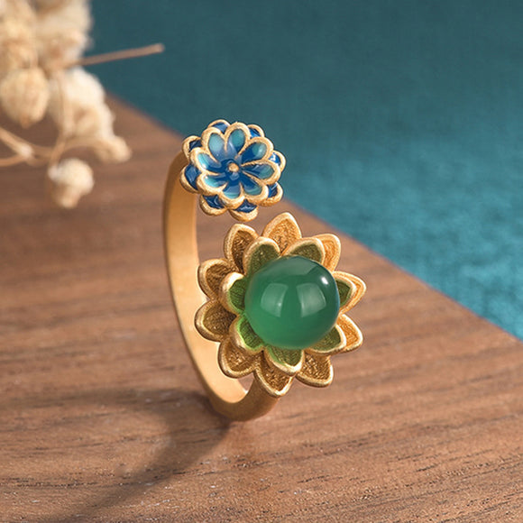 Lotus Flower Imitation Jade Open Ring (Adjustable) 蓮花仿玉開口戒指 (可調節) KJEA20148