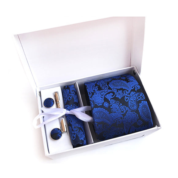 Blue Tie, Pocket Square, Cufflinks, Tie Clip 4 Pieces Gift Set 藍色領帶口袋巾袖扣領帶夾4件套裝 KCBT2153