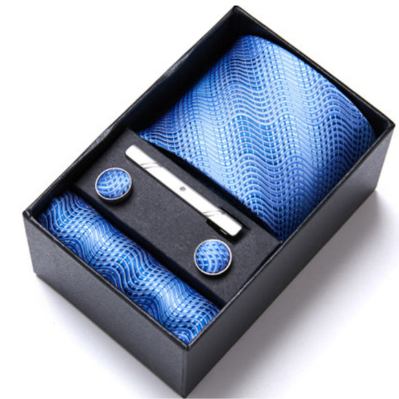 Blue Tie, Pocket Square, Cufflinks, Tie Clip 4 Pieces Gift Set 藍色領帶口袋巾袖扣領帶夾4件套裝 (KCBT2181)