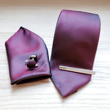 Burgundy Tie, Pocket Square, Cufflinks, Tie Clip 4 Pieces Gift Set 酒紅色領帶口袋巾袖扣領帶夾4件套裝 KCBT2022