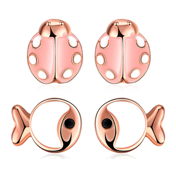 Rose Gold Fish and Ladybug Earrings - 2 pairs  玫瑰金魚和瓢蟲耳環 - 2對