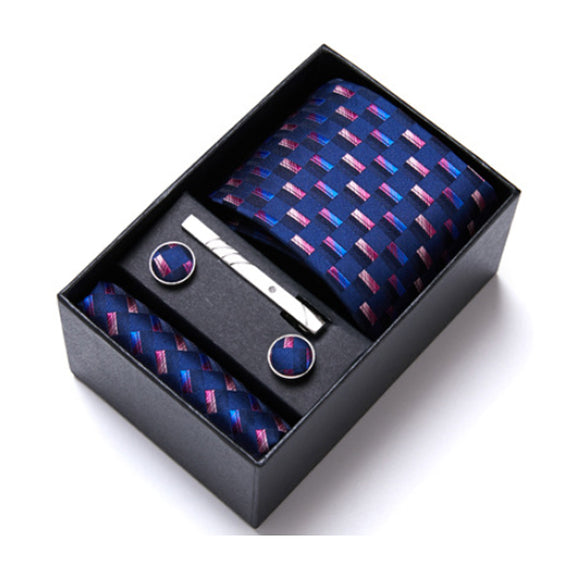 Blue Tie, Pocket Square, Cufflinks, Tie Clip 4 Pieces Gift Set 藍色領帶口袋巾袖扣領帶夾4件套裝 KCBT2124