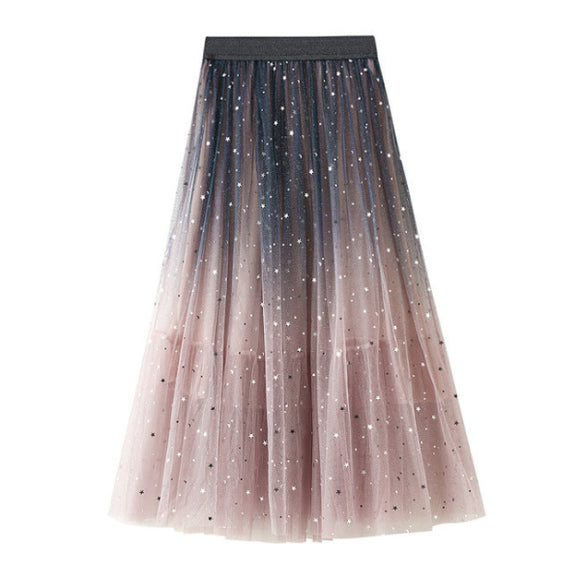 Gradient Star Sequined Mesh Maxi Skirt 漸變色星星亮片網紗半身長裙 (KCCLSP2114)
