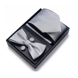 Silver Tie, Pocket Square, Cufflinks, Bow Tie 4 Pieces Gift Set 銀色領帶口袋巾袖扣領結4件套裝 (KCBT2212)