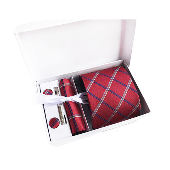 Red Tie, Pocket Square, Cufflinks, Tie Clip 4 Pieces Gift Set 紅色領帶口袋巾袖扣領帶夾4件套裝 (KCBT2239)