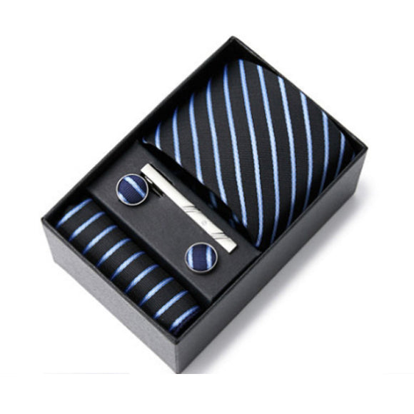 Black Tie, Pocket Square, Cufflinks, Tie Clip 4 Pieces Gift Set 黑色領帶口袋巾袖扣領帶夾4件套裝 KCBT2288