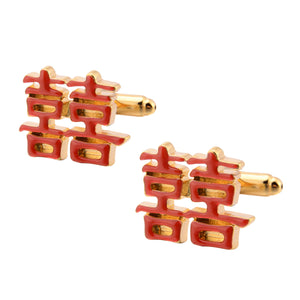 Chinese Traditional Red Color Wedding Cufflinks 中國特色囍字紅色袖扣