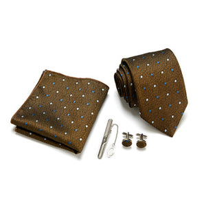Brown Tie, Pocket Square, Cufflinks, Tie Clip 4 Pieces Gift Set 棕色領帶口袋巾袖扣領帶夾4件套裝 (KCBT2156)