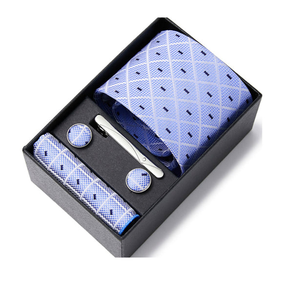 Blue Tie, Pocket Square, Cufflinks, Tie Clip 4 Pieces Gift Set 藍色領帶口袋巾袖扣領帶夾4件套裝 KCBT2310
