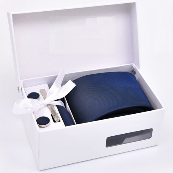 Blue Tie, Pocket Square, Cufflinks, Tie Clip 4 Pieces Gift Set 藍色領帶口袋巾袖扣領帶夾4件套裝 KCBT2035