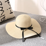 White Foldable Girls Straw Black Ribbon Bow Hat 白色可折疊女生黑絲帶蝴蝶結草帽 (KCHT2044b)