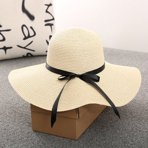 White Foldable Girls Straw Black Ribbon Bow Hat 白色可折疊女生黑絲帶蝴蝶結草帽 (KCHT2044b)