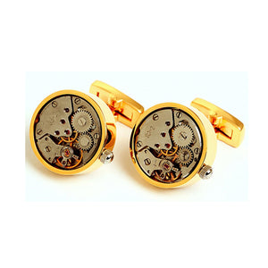 Vintage Round Watch Functional Mechanical Cufflinks 圓形金色銀机械袖扣
