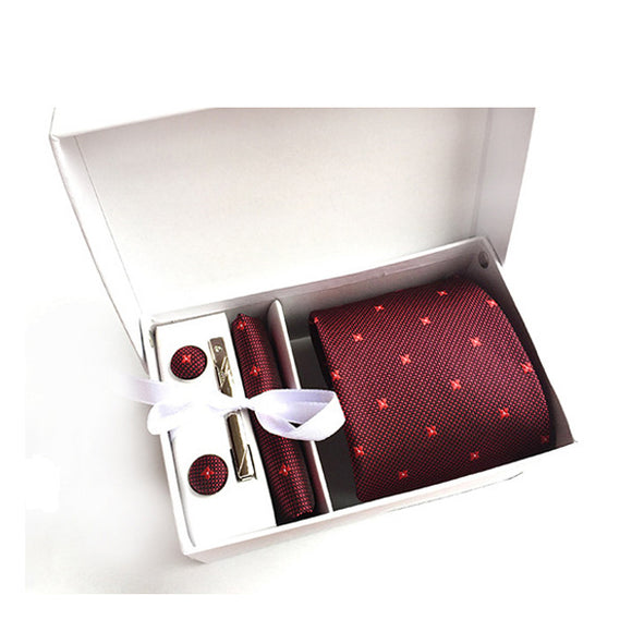 Red Tie, Pocket Square, Cufflinks, Tie Clip 4 Pieces Gift Set 紅色領帶口袋巾袖扣領帶夾4件套裝 (KCBT2083)