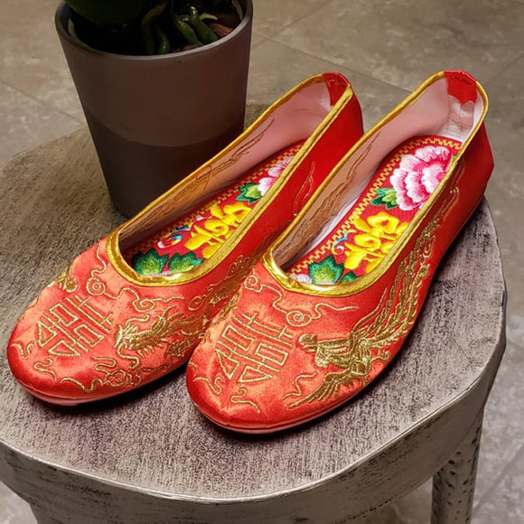 Handmade Red Happiness Wedding Flat Shoes ** Free Gift ** 手工製造紅色喜字繡花鞋 ** 附送贈品 **