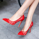 Red Lace Heels Elegant Pumps Wedding Shoes