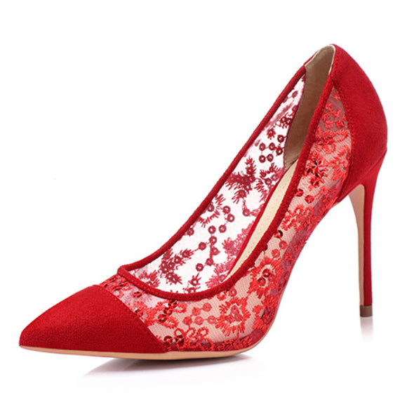 Red Lace Heels Elegant Pumps Wedding Shoes